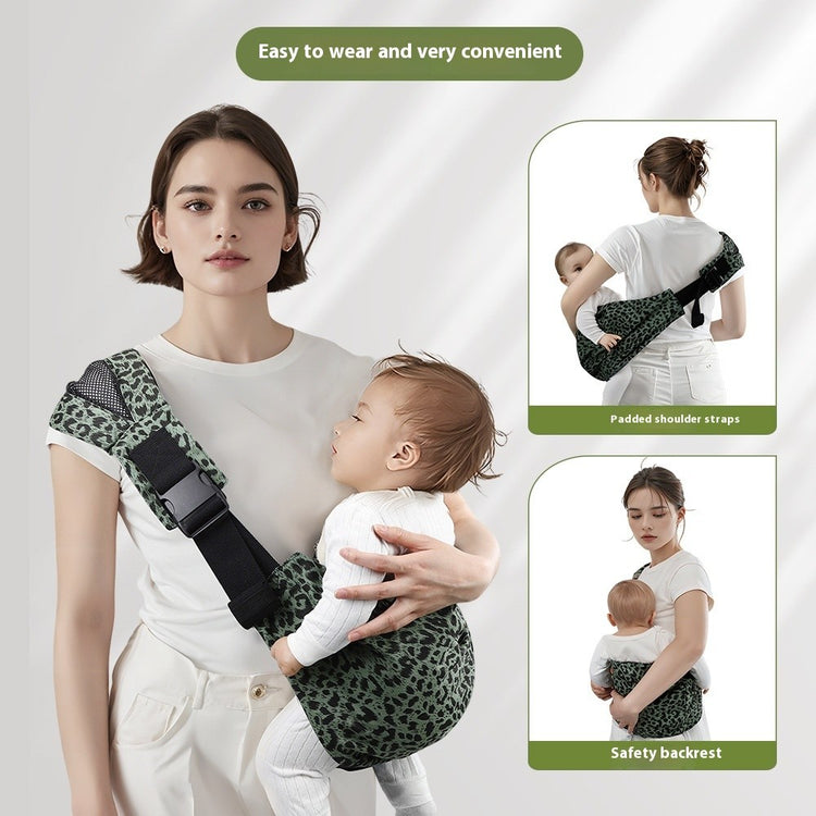 Woman holding a baby in a green baby carrier with text highlighting features.