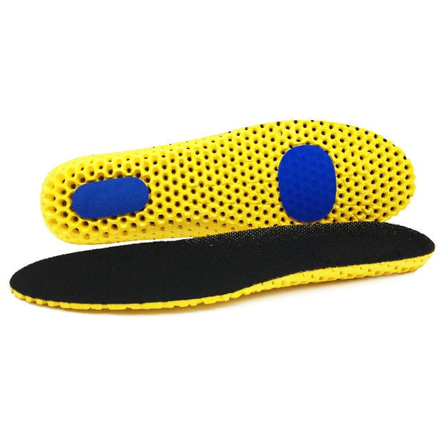 Yellow shoe insole with blue accents on a white background